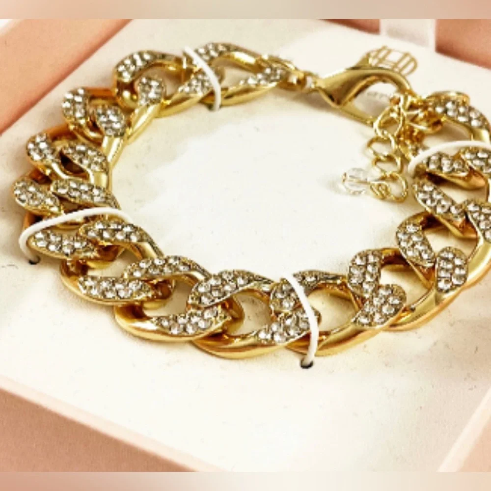 NEW House of Harlow 1960 Pave Glass Stones Crystal & Gold Link Chain Bracelet - Picture 4 of 6